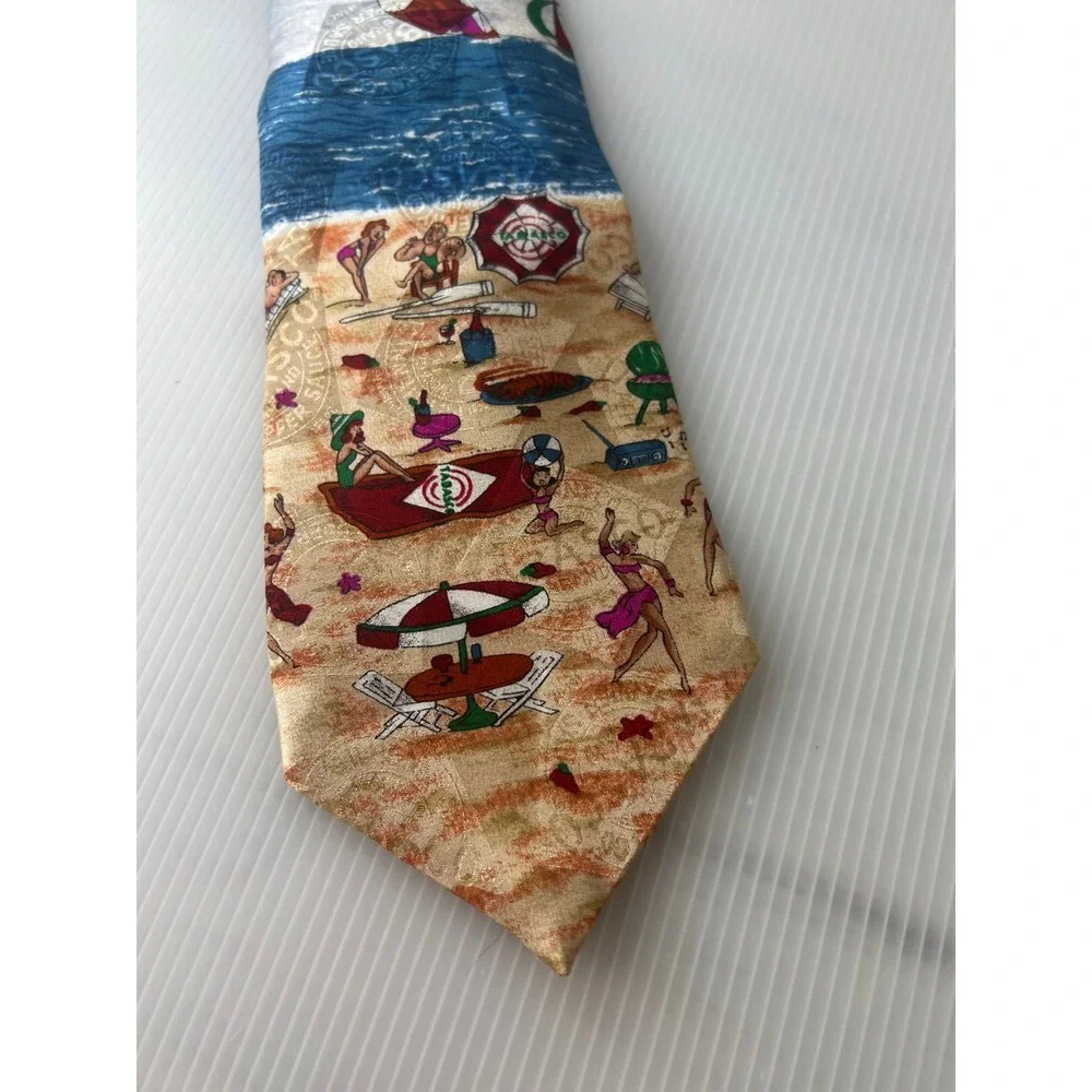 Tabasco Mens Silk Tie Beach Scene Sailboat Novelty Necktie Blue Grey Made in USA